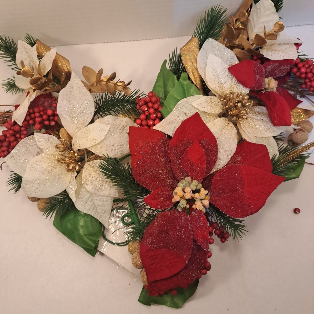 Avon Elegant Swag Wreath Topper Poinsettia Red White Green Gold 18in 33in